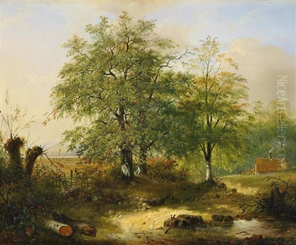 Hollandische Landschaft Mit Grosen Eichen Am Feldrand by Raden Saleh Sarief Bustaman