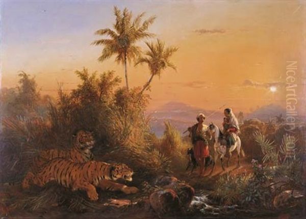 A Family Promenades Along A Path With Two Tigers In Wait And The Borobudur In The Background Oil Painting by Raden Saleh Sarief Bustaman