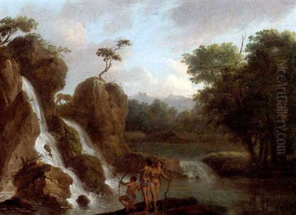 Hunters At A Waterfall Oil Painting by Raden Saleh Sarief Bustaman