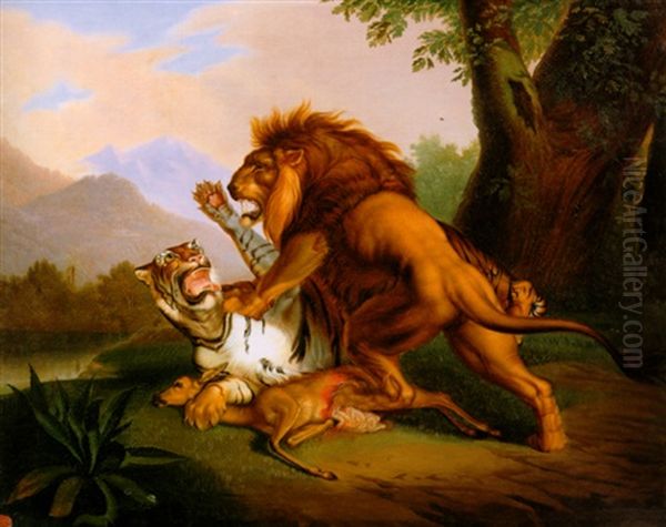 Lion And Tiger Fighting Over Prey by Raden Saleh Sarief Bustaman