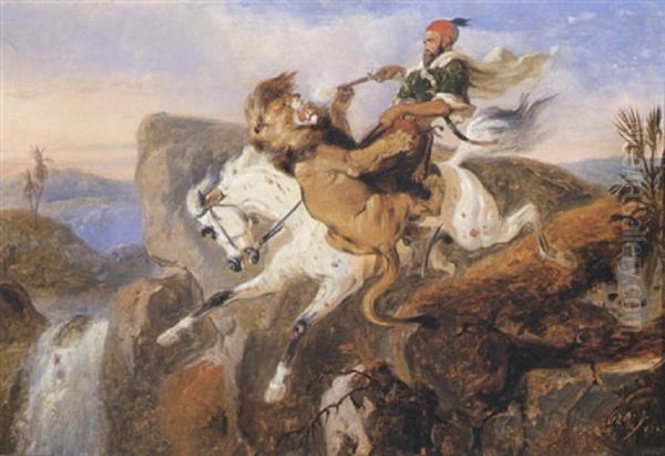 The Last Embrace Of Foes: A Bedouin Horseman Attacked By A Lion Oil Painting by Raden Saleh Sarief Bustaman