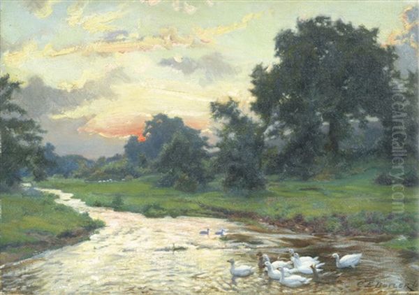 Sunset On The Tillingbourne, Abinger Hammer, Surrey Oil Painting by Charles Ernest Butler