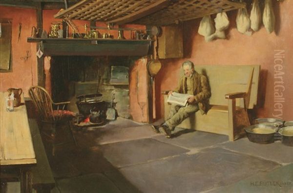 Interior Domestic Scene With A Man Reading The Paper Oil Painting by Herbert E. Butler