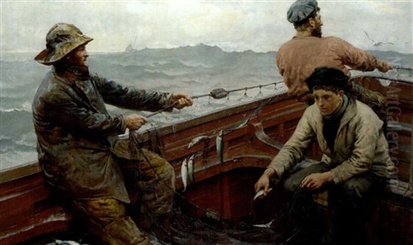 Hauling The Pilchard Nets Oil Painting by Herbert E. Butler