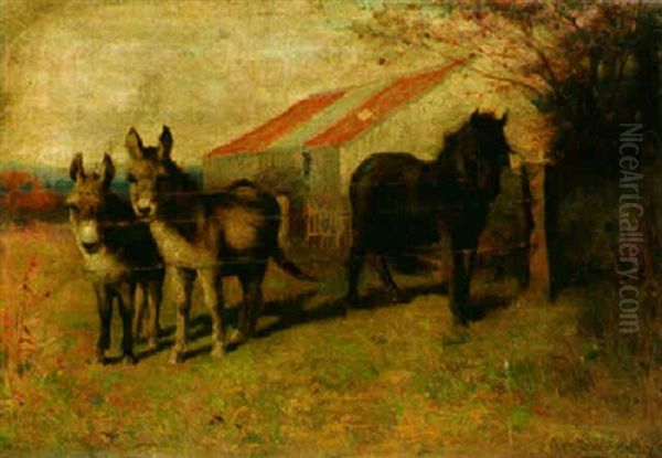 Donkeys And Pony By A Fence Oil Painting by Herbert E. Butler