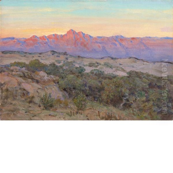 Desert Sunrise, Galiuro Mountains, Southeast, Arizona Signed H. R. Butler (ll); Inscribed Galiuro Mts/s.e. Arizona/14 X 20/#169 On The Reverse Oil Painting by Howard Russell Butler