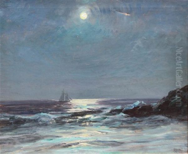 Fishing Schooner In Moonlight - Maine Coast Oil Painting by Howard Russell Butler