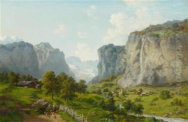 Mountain Landscape In The Lauterbrunnen Valley Oil Painting by Joseph Nikolaus Butler