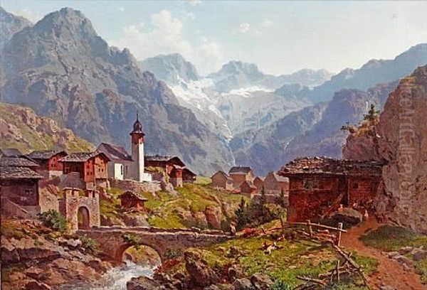 A Mountain Village Oil Painting by Joseph Nikolaus Butler