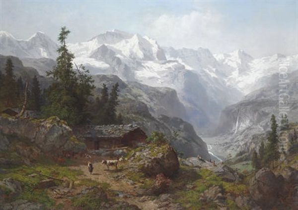 A View Of Lauterbrunnen With The Eiger, Monch And Jungfrau Mountains In The Distance Oil Painting by Joseph Nikolaus Butler