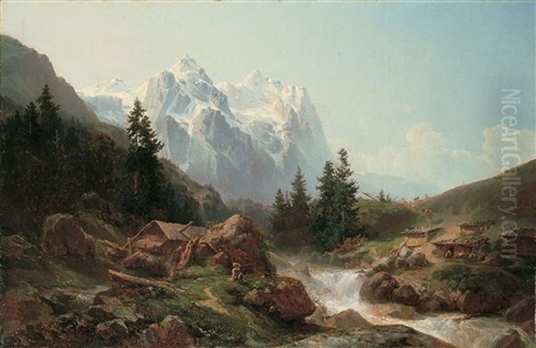 Hochgebirgslandschaft Mit Dem Wetterhorn Oil Painting by Joseph Nikolaus Butler