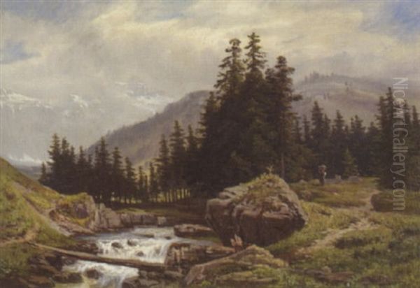 Berglandschaft Mit Magd Bei Einem Bach Oil Painting by Joseph Nikolaus Butler