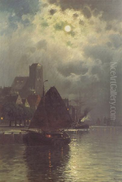 Flusslandschaft Bei Nacht Mit Segelschiff Oil Painting by Joseph Nikolaus Butler