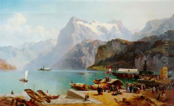 Der Quai Von Brunnen Mit Blick Auf Vierwaldstattersee Und Rutli Oil Painting by Joseph Nikolaus Butler