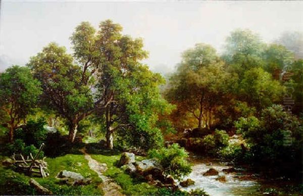 Green Wooded Streamside Landscape Oil Painting by Joseph Nikolaus Butler