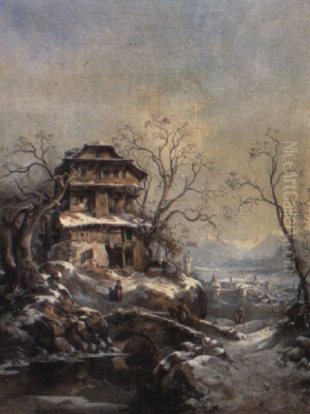 Winter River Landscape With Figures On The Bramberg And Luzern Oil Painting by Joseph Nikolaus Butler