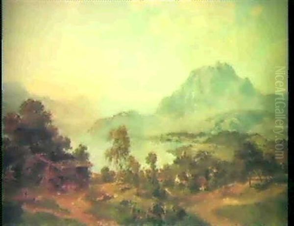 Village By An Alpine Lake Oil Painting by Joseph Nikolaus Butler