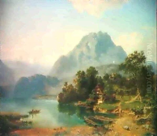 Bucht Bei Der Neuhabsburg Am Vierwaldstattersee Mit Blick   Auf Den Pilatus Oil Painting by Joseph Nikolaus Butler