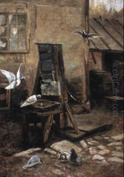 Pigeons At The Pump Oil Painting by Mildred Anne Butler