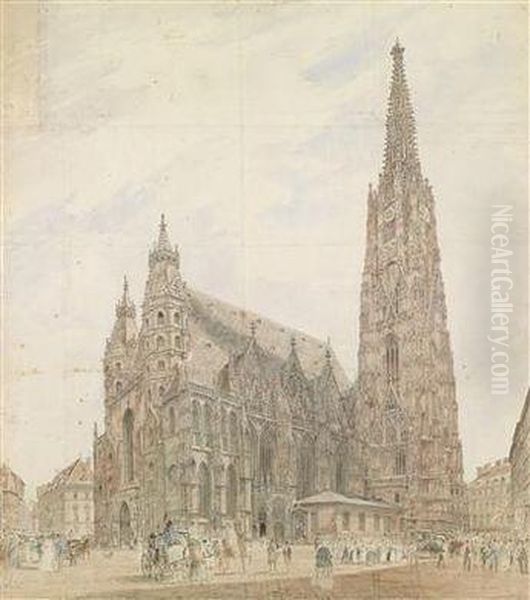 Der Stephansdom In Wien Mit Figurlicher Staffage Oil Painting by Jacob Alt