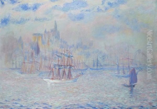 Ships In New York Harbor Oil Painting by Theodore Earl Butler