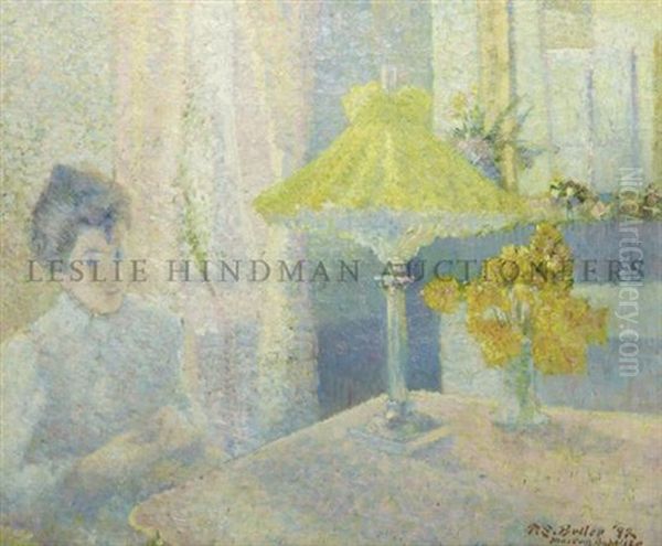 Lady Seated In Front Of A Table With Lamp And Vase Of Yellow Flowers Oil Painting by Theodore Earl Butler