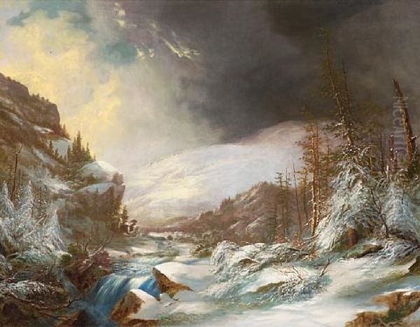 A Cascading Stream Through Snow-covered Mountains Oil Painting by Frederick A. Butman