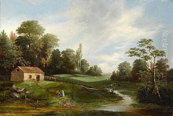 Cows In A Meadow With A Mountain Lake Beyond (+ Cabin Near A Meandering Stream; Pair) Oil Painting by Fredrick A. Butman