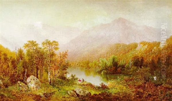 Two Figures Gazing Out On A Wooded Landscape And Distant Mountains Oil Painting by Fredrick A. Butman