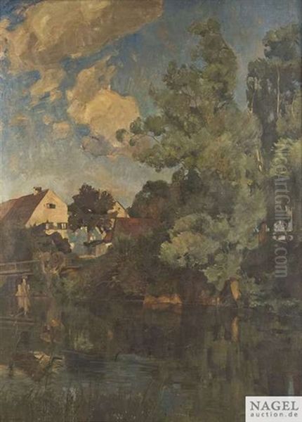 Hochsommer. Flusslandschaft Mit Gehoft Oil Painting by Bernhard Buttersack