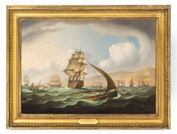 A Flagship And Other British Warship Off Malaga Oil Painting by Thomas Buttersworth Jr.