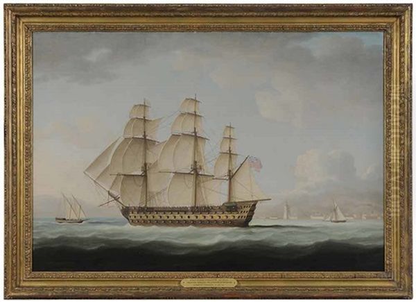 British Man-o-war Passing Through The Straights Of Messina Oil Painting by Thomas Buttersworth Jr.