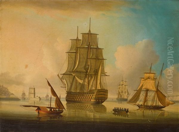 A British 1st Rate Ship-of-the-line Off Belem Castle On The Tagus Oil Painting by Thomas Buttersworth Jr.