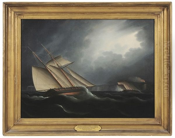 An Armed Revenue Topsail Schooner Chasing A Smuggler's Lugger Heading For The Rendezvous Ashore Oil Painting by Thomas Buttersworth Jr.