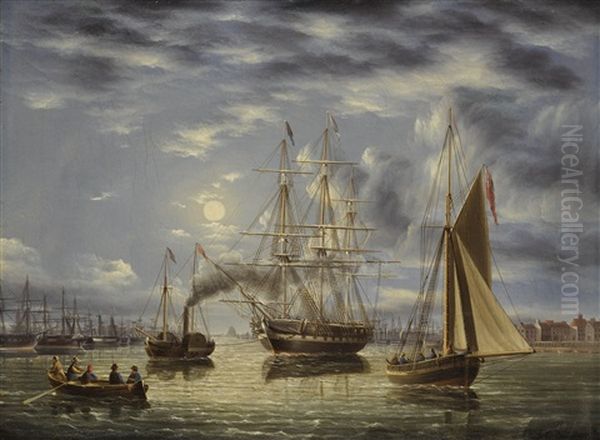 Ships In Harbor (frigate Under Tow On The Thames River With Greenwich In The Distance) Oil Painting by James Edward Buttersworth