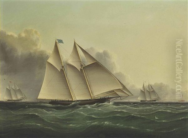 Three Schooner Yachts Racing In A Squall Oil Painting by James Edward Buttersworth