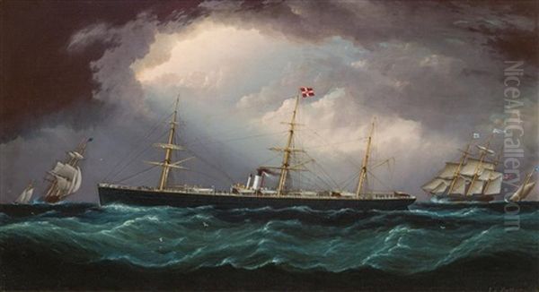 The National Line's Steamer Italy Amidst Other Vessels At Sea Oil Painting by James Edward Buttersworth