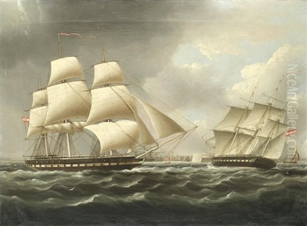 A Frigate Of The Austro-hungarian Navy In Two Positions Off Cadiz Oil Painting by James Edward Buttersworth