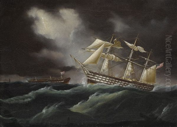 United States Ship Of The Line Coming To The Aid Of Frigate In Distress (ships In A Stormy Sea) Oil Painting by James Edward Buttersworth