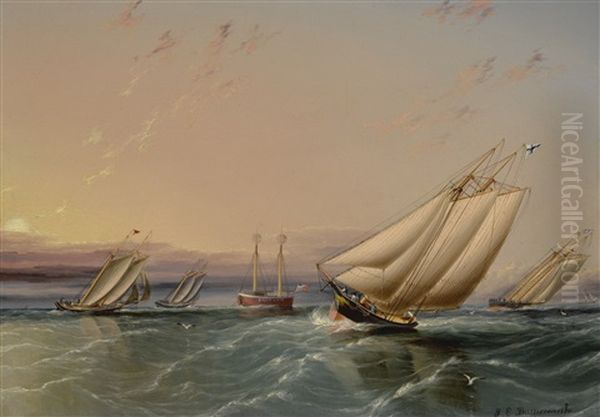 Yacht Race In N.y. Bay (yachts Rounding The Sandy Hook Lighthouse) Oil Painting by James Edward Buttersworth