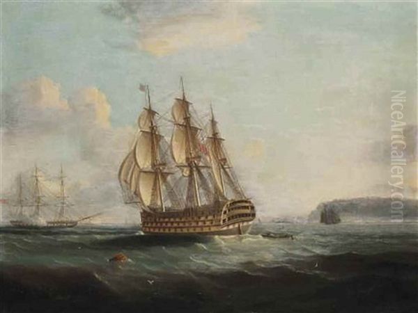 A Ship Of The Line Off The South Coast, With A Frigate Firing A Salute Beyond Oil Painting by James Edward Buttersworth