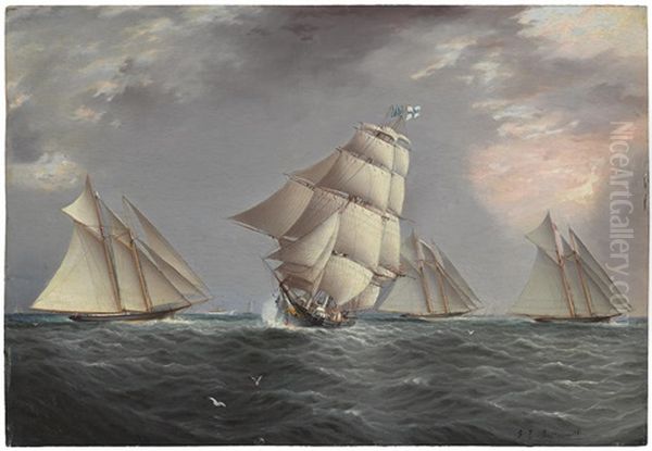 A Merchant Ship Crossing A Schooner Race Oil Painting by James Edward Buttersworth