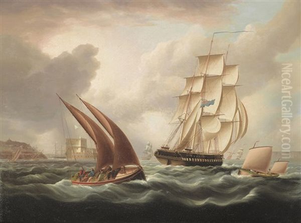 A British Frigate In The Tagus Off Belem Castle Oil Painting by James Edward Buttersworth