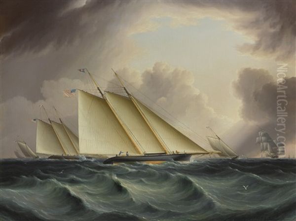 Racing In New York Harbor (fetching The Mark) Oil Painting by James Edward Buttersworth