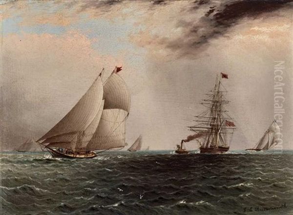 Yacht Race With Tugboat Towing A British Ship To Sea Oil Painting by James Edward Buttersworth