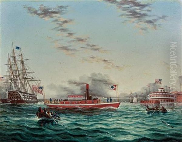 New York Harbor With Castle Clinton, A Pilot Ship And A Frigate Oil Painting by James Edward Buttersworth