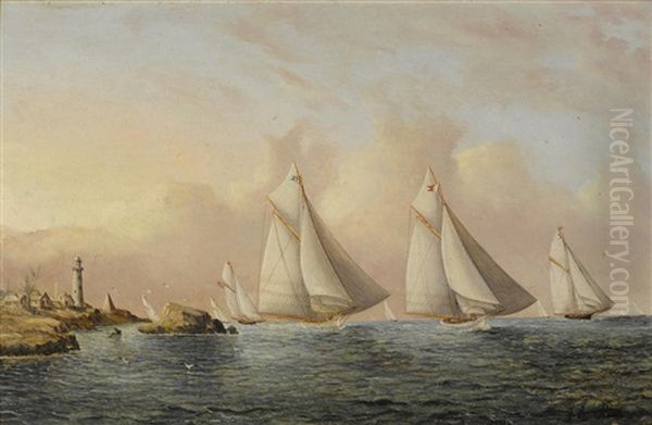 A Race Between The Mayflower, Volunteer And Thistle Oil Painting by James Edward Buttersworth