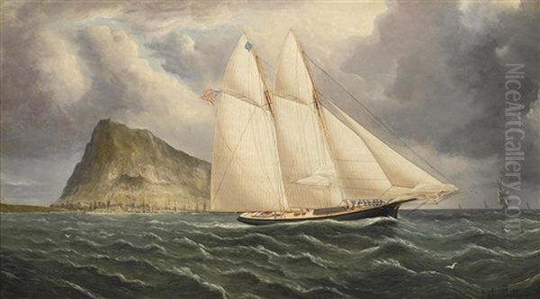 An American Schooner Yacht With Gibralter Harbour In The Background Oil Painting by James Edward Buttersworth