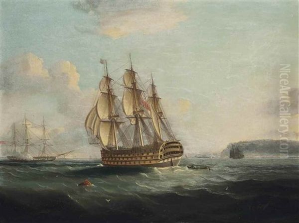 A Ship Of The Line Off The South Coast, With A Frigate Firing A Salute Beyond Oil Painting by James Edward Buttersworth