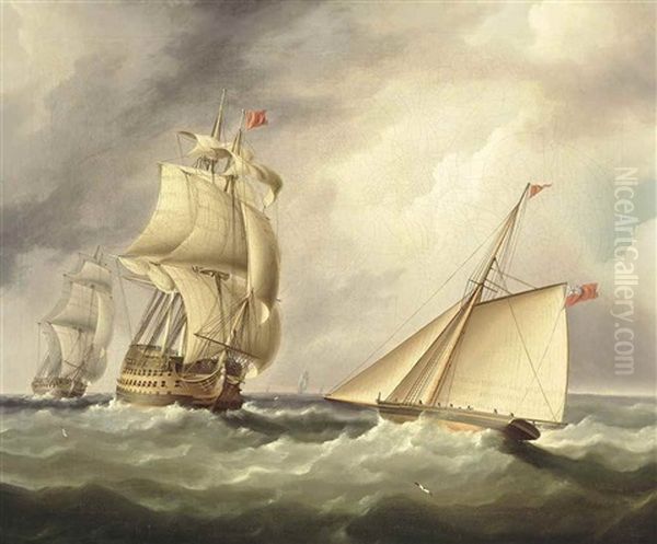 A Cutter Yacht Passing Under The Bow Of H.m.s. Queen In The Channel Oil Painting by James Edward Buttersworth